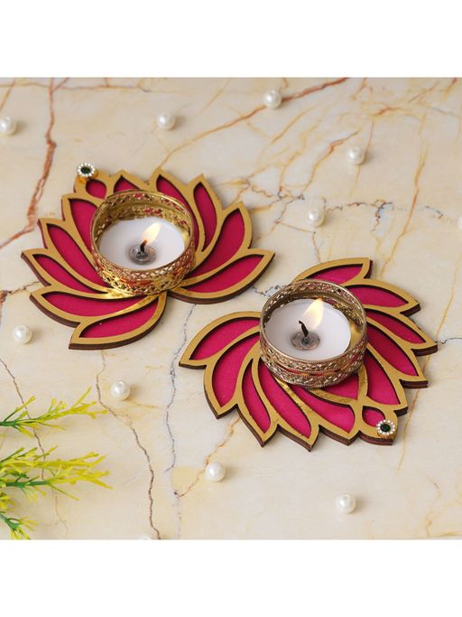 eCraftIndia Golden and Red Beautiful Lotus Design Tea Light Candle Holders (Set of 2)