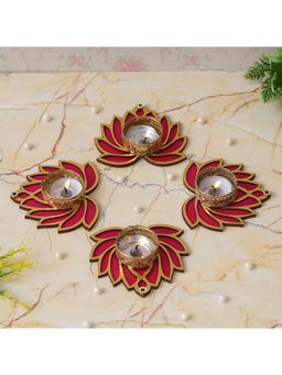 eCraftIndia - Golden and Red Beautiful Lotus Design Tea Light Candle Holders (Set of 4)