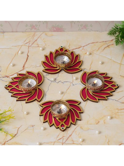 eCraftIndia Golden and Red Beautiful Lotus Design Tea Light Candle Holders (Set of 4)