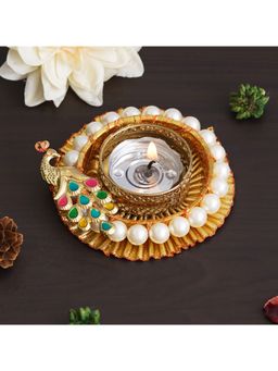 eCraftIndia - Beautiful Peacock and Beads Embellished Round Tea Light Candle Holder