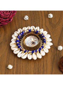 eCraftIndia - Blue and White Cowrie Shell Decorative Metal Tea Light Holder