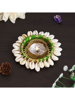 eCraftIndia - Green and White Cowrie Shell Decorative Metal Tea Light Holder