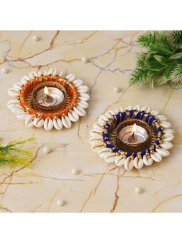 eCraftIndia - Orange and Blue Cowrie Shell Decorative Metal Tea Light Holders (Set of 2)