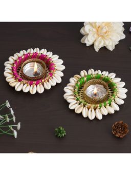 eCraftIndia - Pink and Green Cowrie Shell Decorative Metal Tea Light Holders (Set of 2)