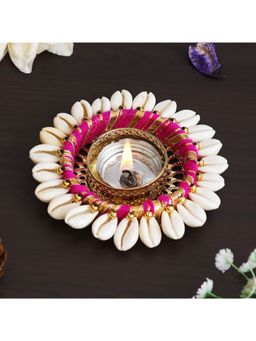eCraftIndia - Pink and White Cowrie Shell Decorative Metal Tea Light Holder