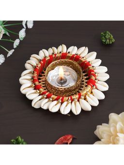 eCraftIndia - Red and White Cowrie Shell Decorative Metal Tea Light Holder