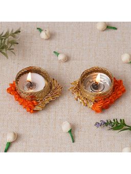 eCraftIndia - Set of 2 Orange and Golden Handcrafted Decorative Tea Light Candle Holders