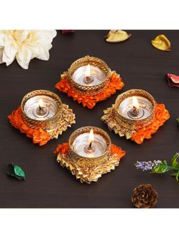 eCraftIndia - Set of 4 Orange and Golden Handcrafted Decorative Tea Light Candle Holders
