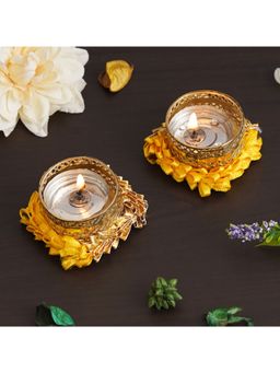eCraftIndia - Set of 2 Golden and Yellow Handcrafted Decorative Tea Light Candle Holders