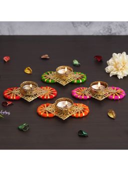 eCraftIndia - Set of 4 Decorative Plate Tea Light Candle Holders (Green, Pink, Red, Orange)