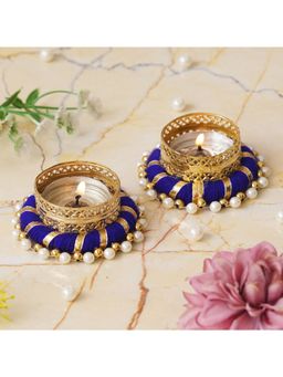 eCraftIndia - Golden and Blue Decorative Tea Light Candle Holders (Set of 2)