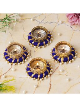 eCraftIndia - Set of 4 Golden and Blue Round Shaped Beaded Decorative Tea Light Candle Holders