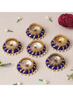 eCraftIndia - Set of 6 Blue & Golden Round Shaped Beaded Decorative Tea Light Candle Holders