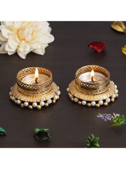 eCraftIndia - Set of 2 Golden & White Round Shaped Beaded Decorative Tea Light Candle Holders