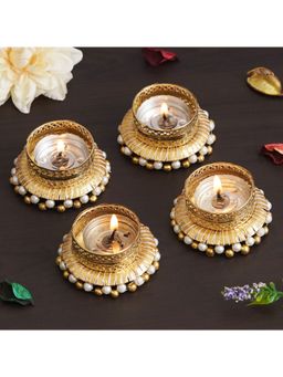 eCraftIndia - Set of 4 Golden & White Round Shaped Beaded Decorative Tea Light Candle Holders