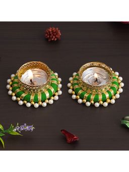 eCraftIndia - Golden and Green Decorative Tea Light Candle Holders (Set of 2)