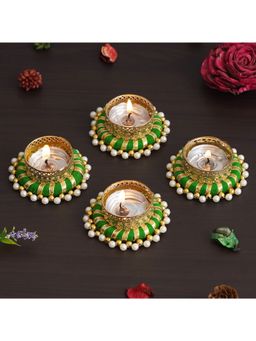 eCraftIndia - Set of 4 Green & Golden Round Shaped Beaded Decorative Tea Light Candle Holders