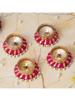 eCraftIndia - Set of 4 Pink & Golden Round Shaped Beaded Decorative Tea Light Candle Holders