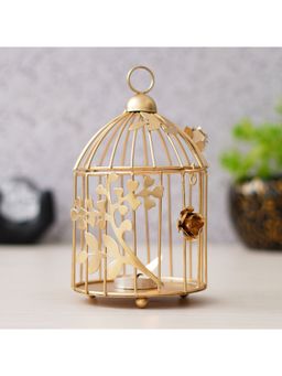 eCraftIndia - Golden Metal Bird Cage with Floral Vine Decorative Hanging Tea Light Candle Holder