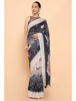 Soch - Women Black Linen Floral Saree with Unstitched Blouse