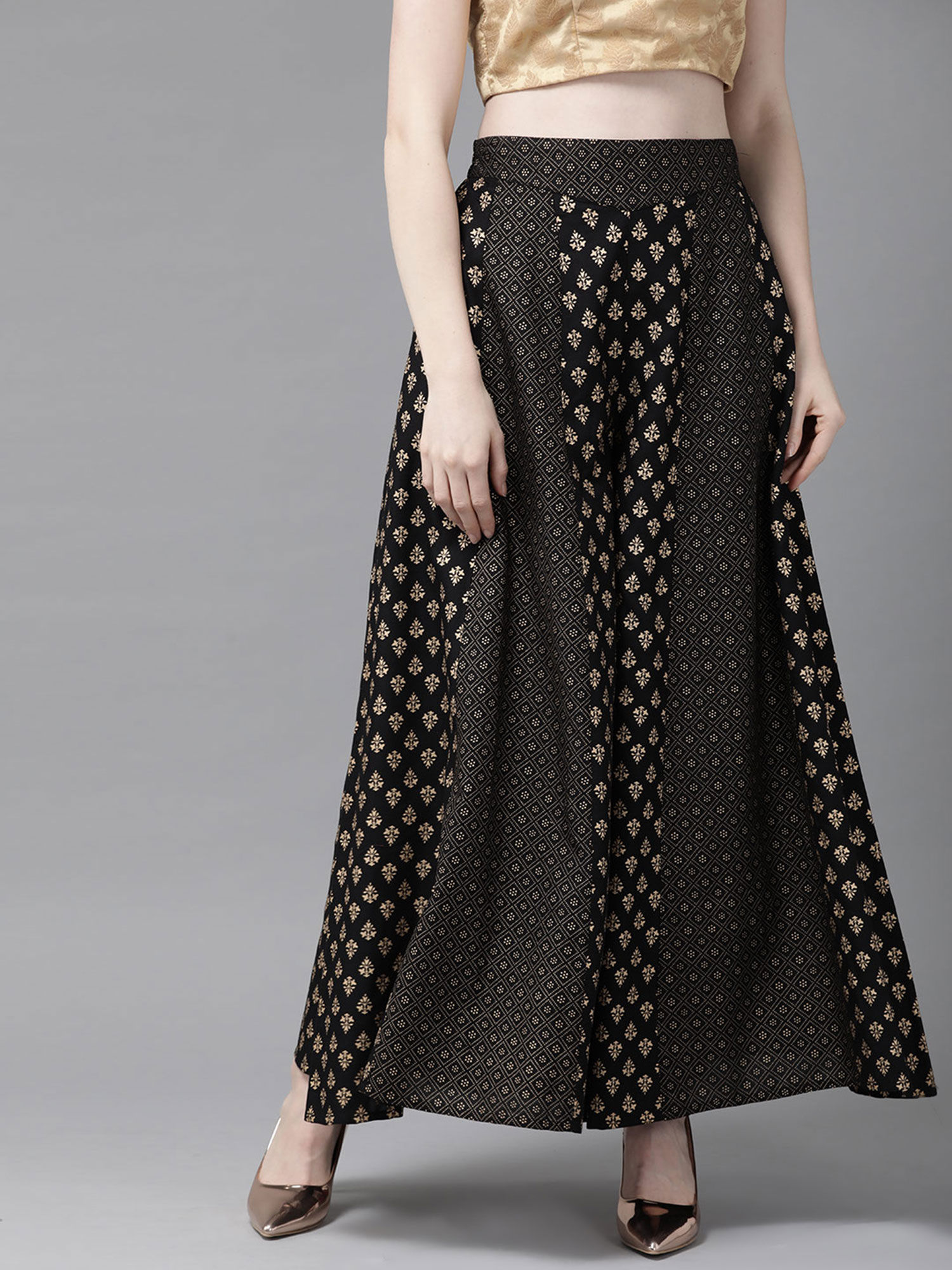 juniper Black Rayon Ethnic Motif Printed Ankle-Length Flared Kalidar Women Palazzo With One Pocket-picture-19