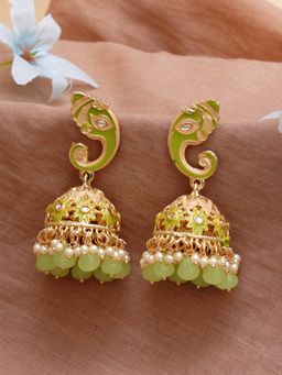 Karatcart - Gold Plated Light Green Lord Ganesha Jhumki Earrings for Women