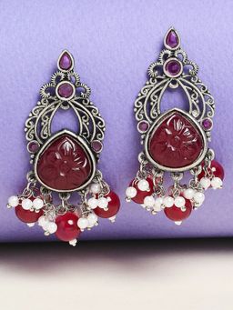 OOMPH - Jewellery Oxidised Silver Maroon Red Stone with Beads Ethnic Drop Earrings