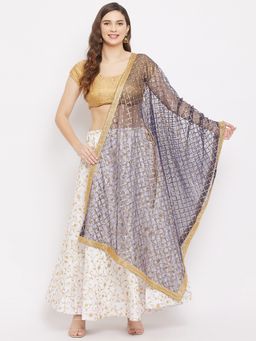 Clora Creation - Navy Blue Embellished Sequined Net Dupatta