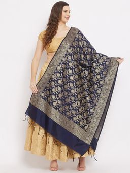 Clora Creation - Navy Blue Floral Banarsi Silk Dupatta