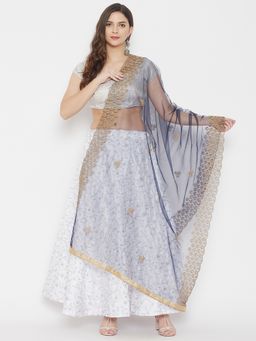 Clora Creation - Navy Blue Embroidered Thread Work Net Dupatta