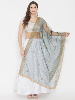 Clora Creation - Bottle Green Embroidered Thread Work Net Dupatta