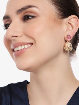 Estele - Gold Plated Traditional Gehena Jhumka Earrings with Mint Pink Eanamel for Women