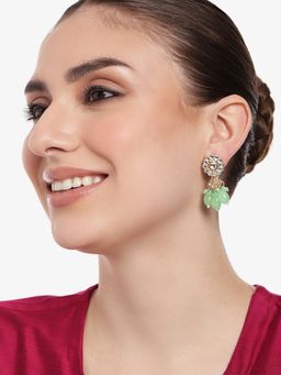 Estele - Gold Plated Flower Designer Gehena Drop Earrings with Mint Green Beads for Women