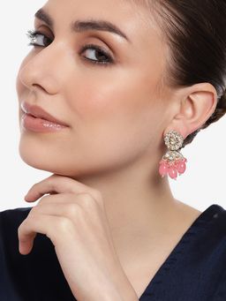 Estele - Gold Plated Flower Designer Gehena Drop Earrings with Mint Pink Beads for Women