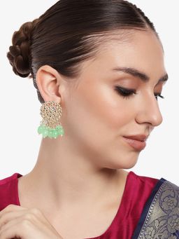Estele - Gold Plated Floral Designer Gehena Drop Earrings with Mint Green Beads for Women