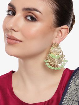 Estele - Gold Plated Trellis Gehena Chandbali Earrings with Mint Green Beads for Women