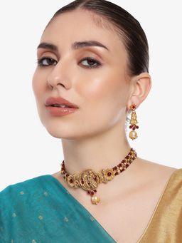Estele - Gold Plated Radha Krishna Designer Gehena Necklace Set with Red Beads for Women