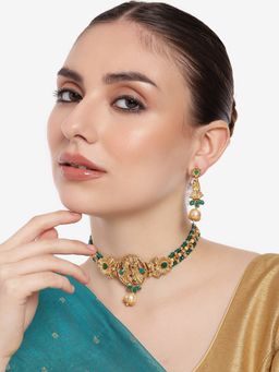 Estele - Gold Plated Radha Krishna Designer Gehena Necklace Set with Green Beads for Women