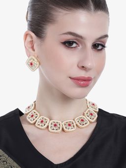Estele - Gold Plated Square Designer Kundan-Studded Gehena Necklace Set for Women