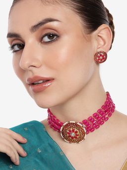 Estele - Gold Plated Fascinating Designer Gehena Necklace Set with Pink Beads for Women