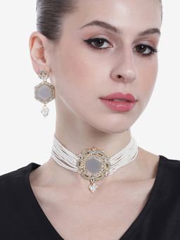 Estele - Gold Plated Ravishing Designer Gehena Necklace set with White Pearls for Women
