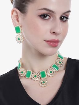 Estele - Gold Plated Fascinating Designer Gehena Necklace Set with Green Stone for Women