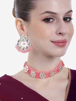 Estele - Gold Plated Elegant Gehena Necklace Set with Mint Pink Beads for Women