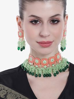 Estele - Gold Plated Beautiful Gehena Choker Necklace Set Mint Green Beads for Women