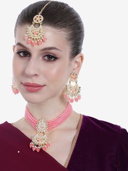 Estele - Gold Plated Graceful Gehena Necklace Set & Maang Tikka with Mint Pink Beads for Women