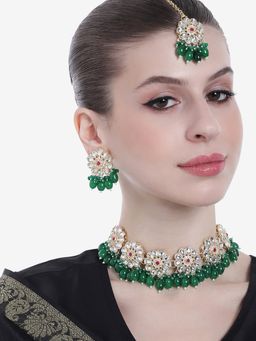 Estele - Gold Plated Trendy Gehena Necklace Set & Maang Tikka with Green Beads for Women