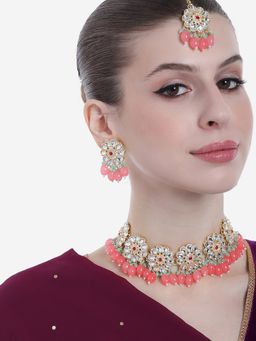 Estele - Gold Plated Trendy Gehena Necklace Set & Maang Tikka with Mint Pink Beads for Women