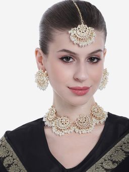 Estele - Gold Plated Gorgeous White Pearl Choker Gehena Necklace Set & Maang Tikka for Women