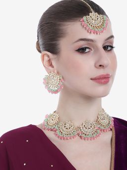 Estele - Gold Plated Floral Gehena Necklace Set & Maang Tikka with Mint Pink Beads for Women