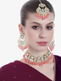 Estele - Gold Plated Glittering Gehena Necklace Set & Maang Tikka with Mint Pink Beads for Women
